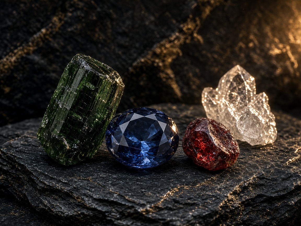 Green, blue, red, and clear gemstones on dark stone
