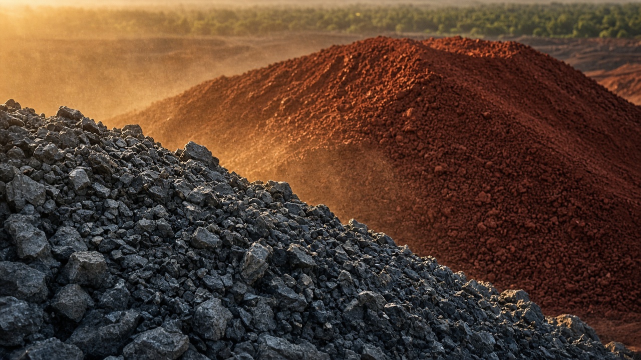 Dark ore in front of a rust-red mineral stockpile